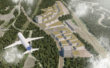 En visionsbild av företagsparken F60 i Arlandastad illustrerad ovanifrån med ett flygplan som flyger över platsen