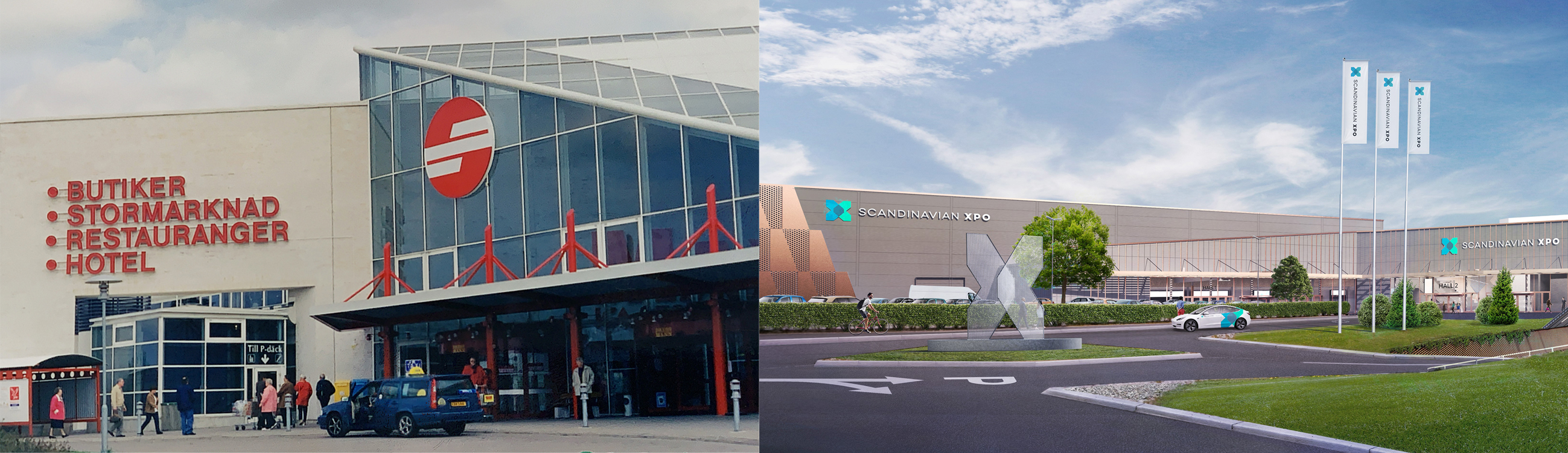 Kollage med bild till vänster: Eurostop Köpcentrum 1998  Bild till höger: Visions bild av nya mötesdestinationen Scandinavian XPO som öppnar årsskiftet 2020/2021.